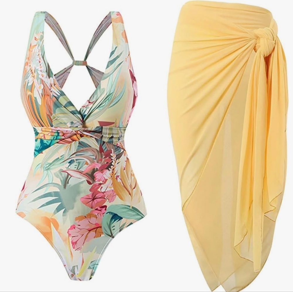 YUNAR M Women's One Piece Sarong Floral Print High-Cut Monokini